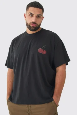 Plus Oversized Cherry Rhinestone Printed T-Shirt In | UK^boohooMAN Clearance