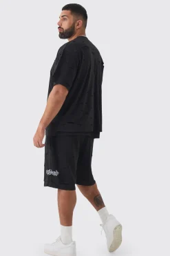 boohooMAN Plus Oversized Distressed Double Layer Worldwide T-Shirt & Short Set | UK| Sets & Co-Ords|Tracksuits