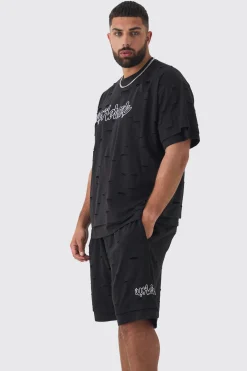 boohooMAN Plus Oversized Distressed Double Layer Worldwide T-Shirt & Short Set | UK| Sets & Co-Ords|Tracksuits