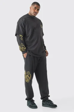boohooMAN Plus Oversized Dragon Faux Layer T-shirt Tracksuit | UK| Tracksuits