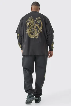 boohooMAN Plus Oversized Dragon Faux Layer T-shirt Tracksuit | UK| Tracksuits