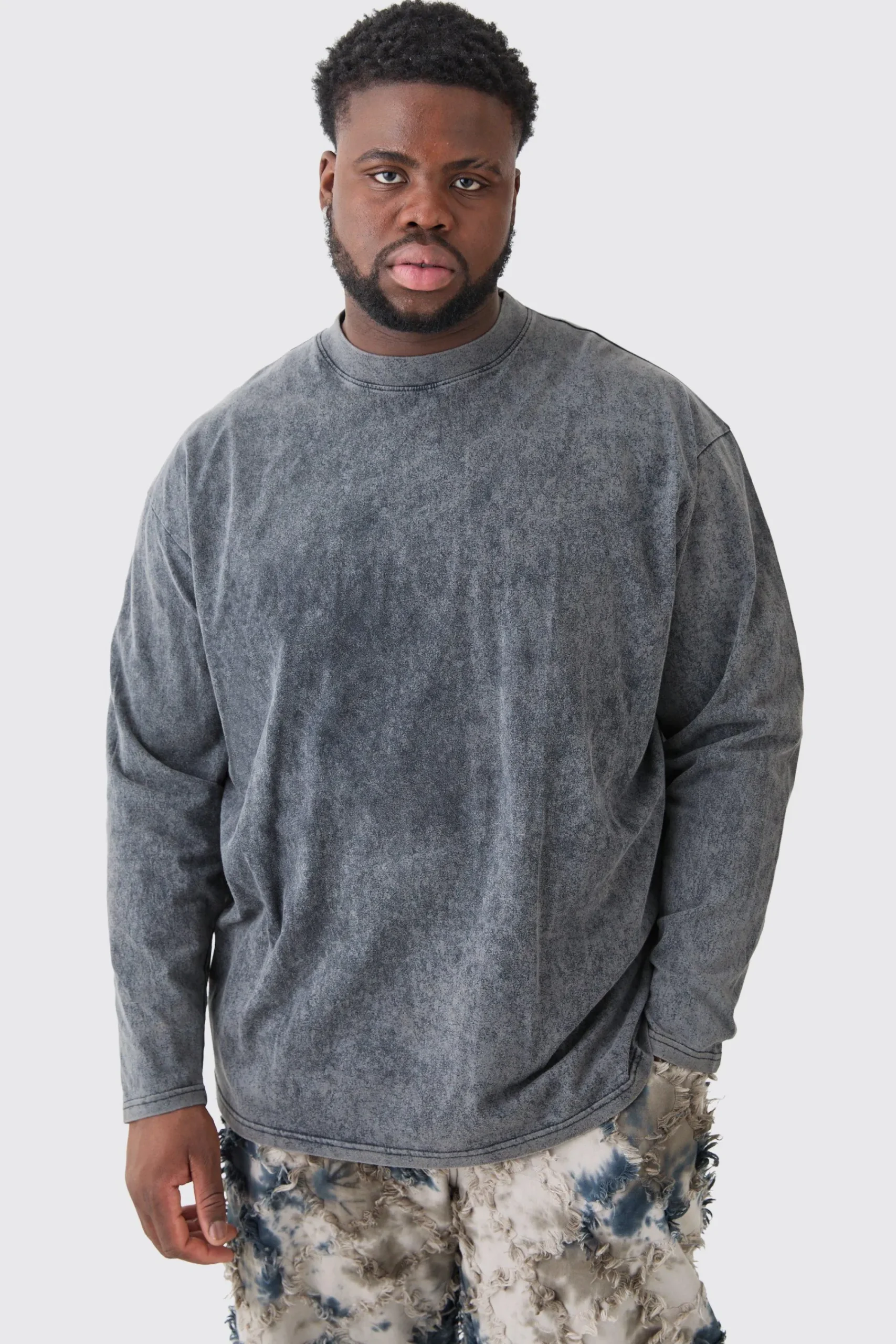 Plus Oversized Extended Neck Laundered Wash Long Sleeve T-shirt | UK^boohooMAN Hot