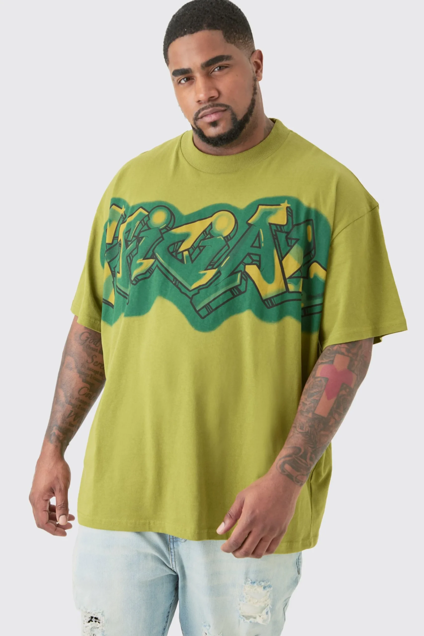 Plus Oversized Extended Neck Graffiti Spray T Shirt | UK^boohooMAN Hot