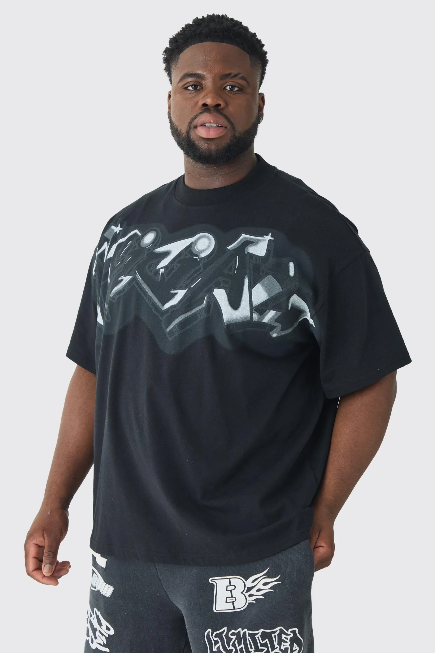 Plus Oversized Extended Neck Graffiti Spray T-shirt | UK^boohooMAN Hot