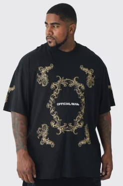 Plus Oversized Extended Neck Official Man Baroque Print T-Shirt | UK^boohooMAN