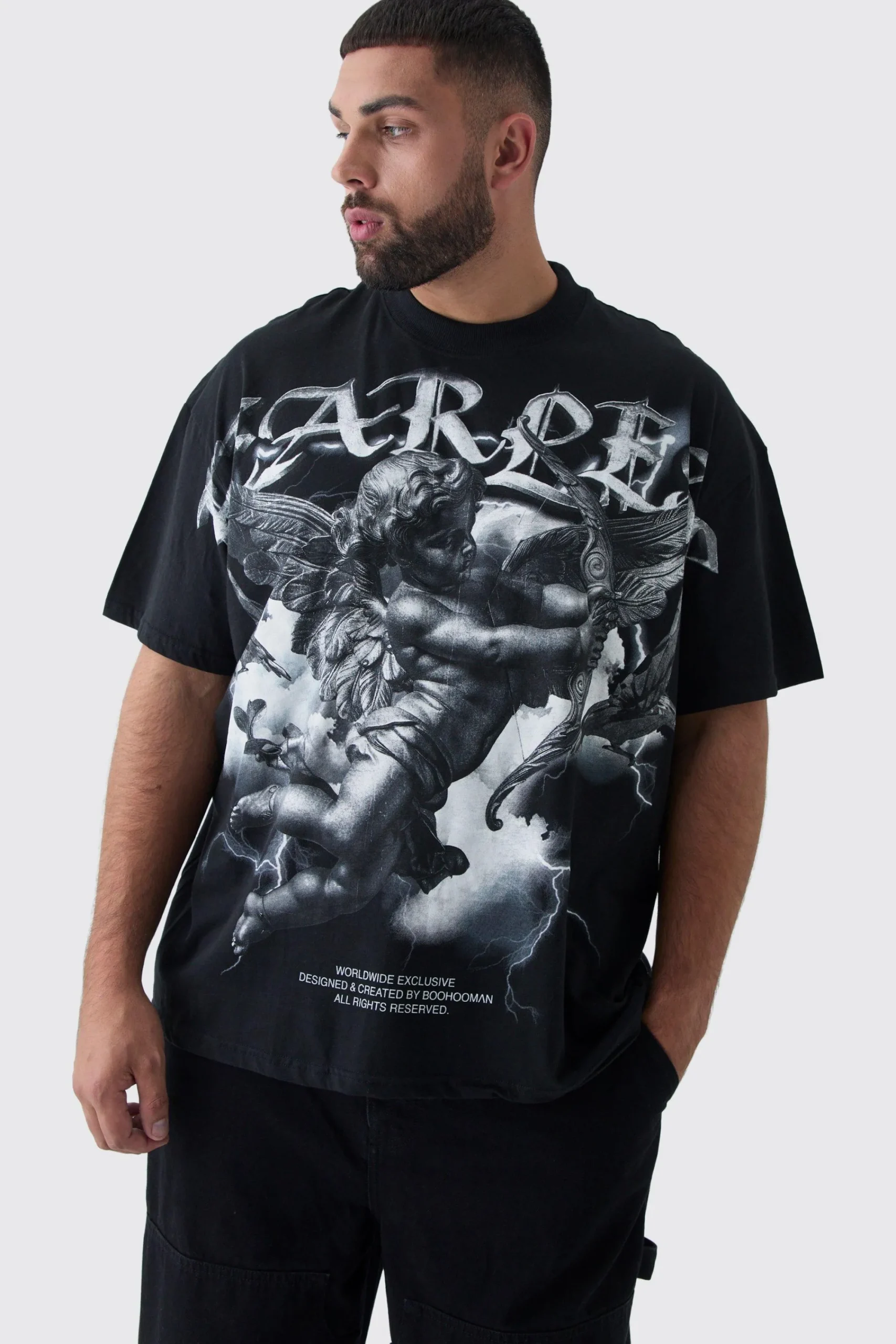 Plus Oversized Extended Neck Cherub Large Scale Print T-Shirt | UK^boohooMAN Hot
