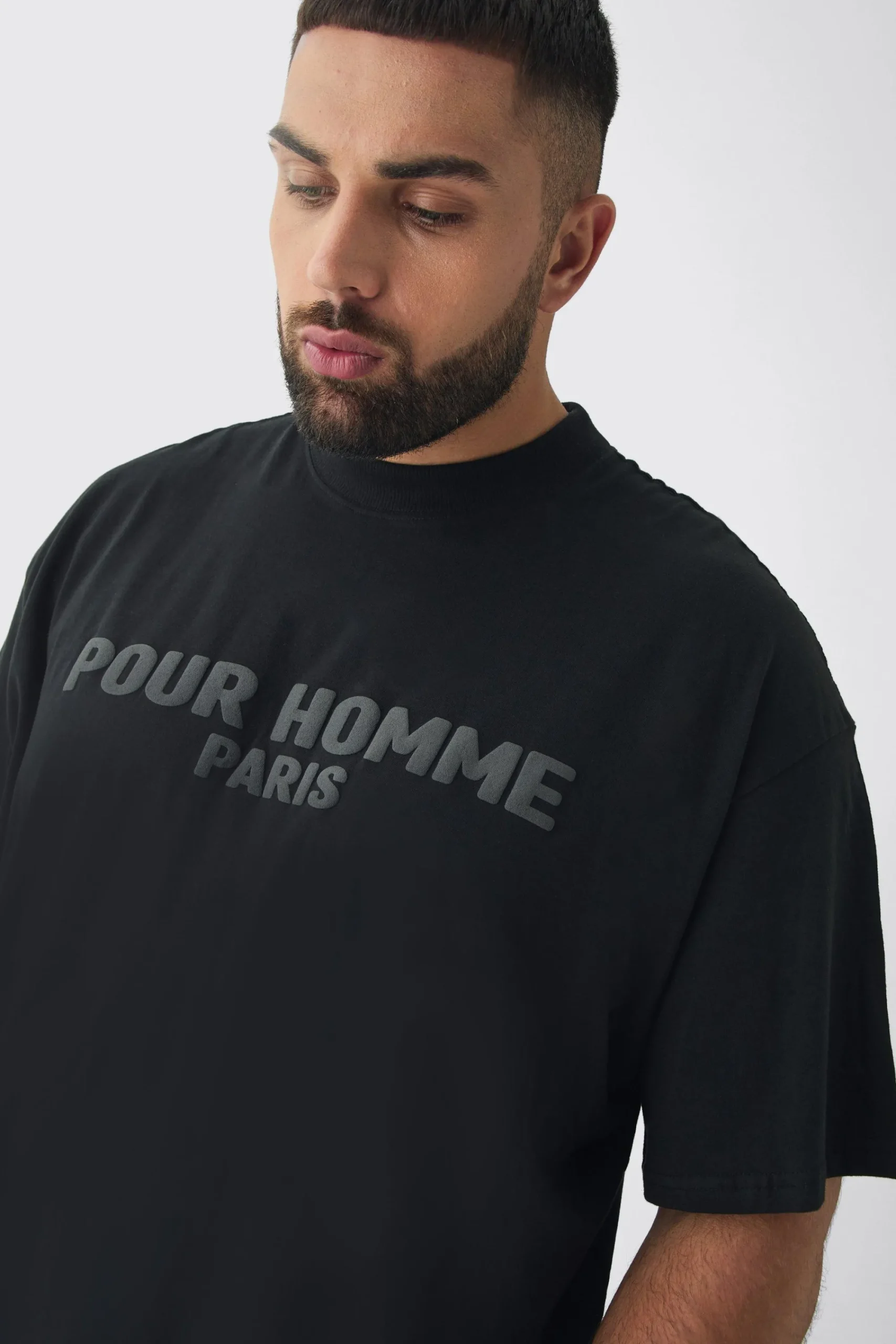 Plus Oversized Extended Neck Pour Homme Puff Print T-Shirt | UK^boohooMAN Best