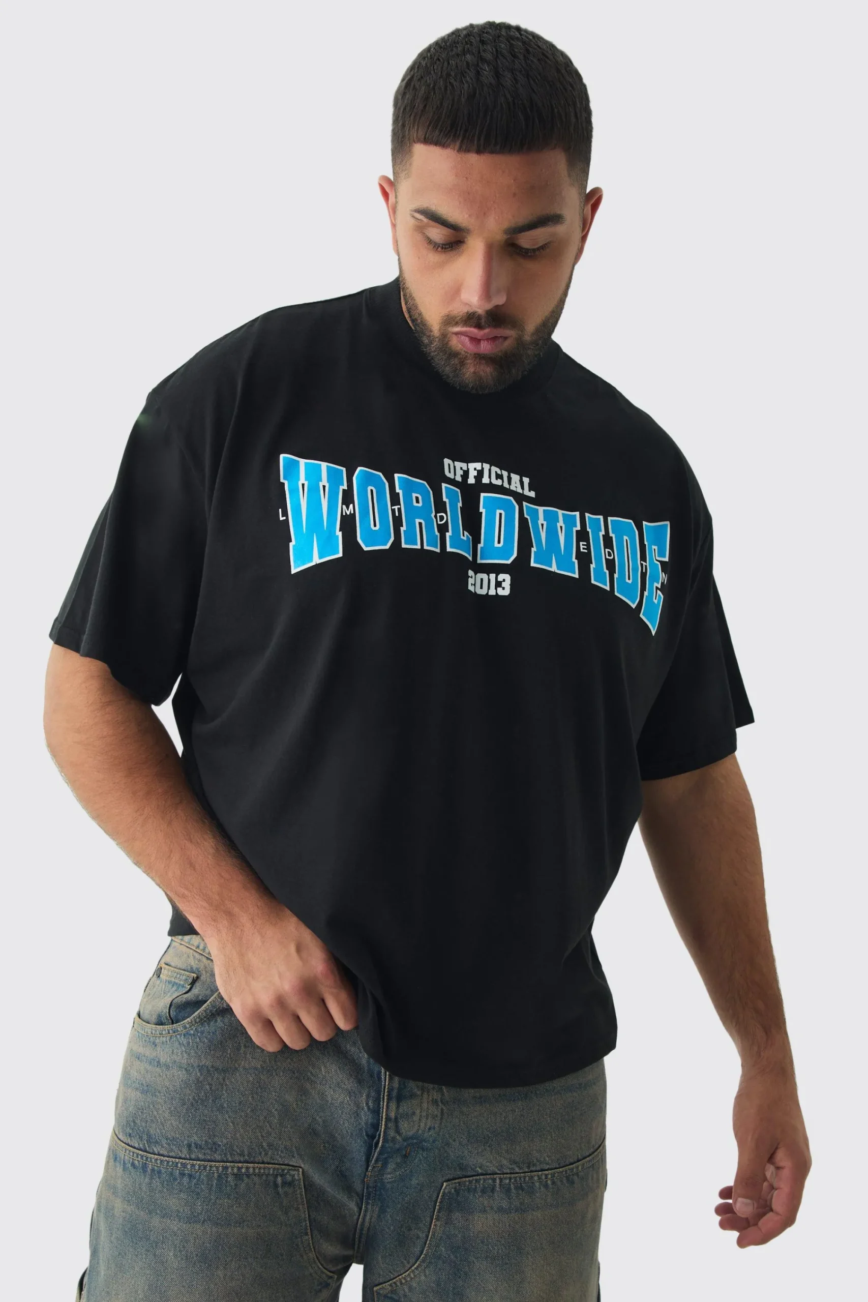 Plus Oversized Extended Neck Boxy Worldwide Print T-Shirt | UK^boohooMAN Clearance