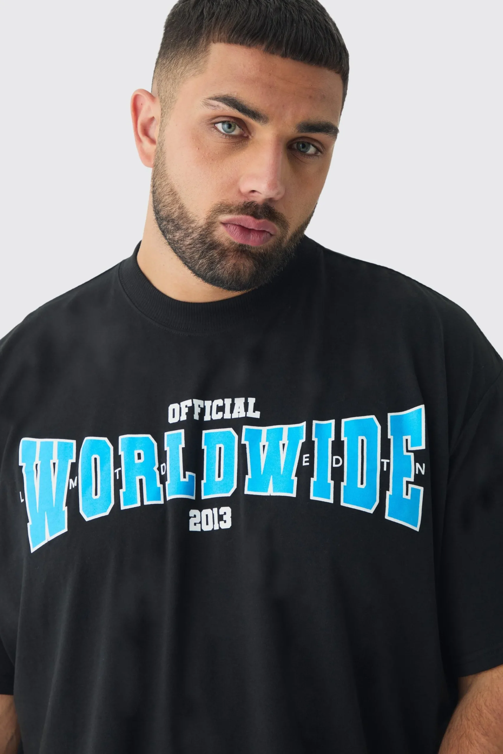 Plus Oversized Extended Neck Boxy Worldwide Print T-Shirt | UK^boohooMAN Clearance