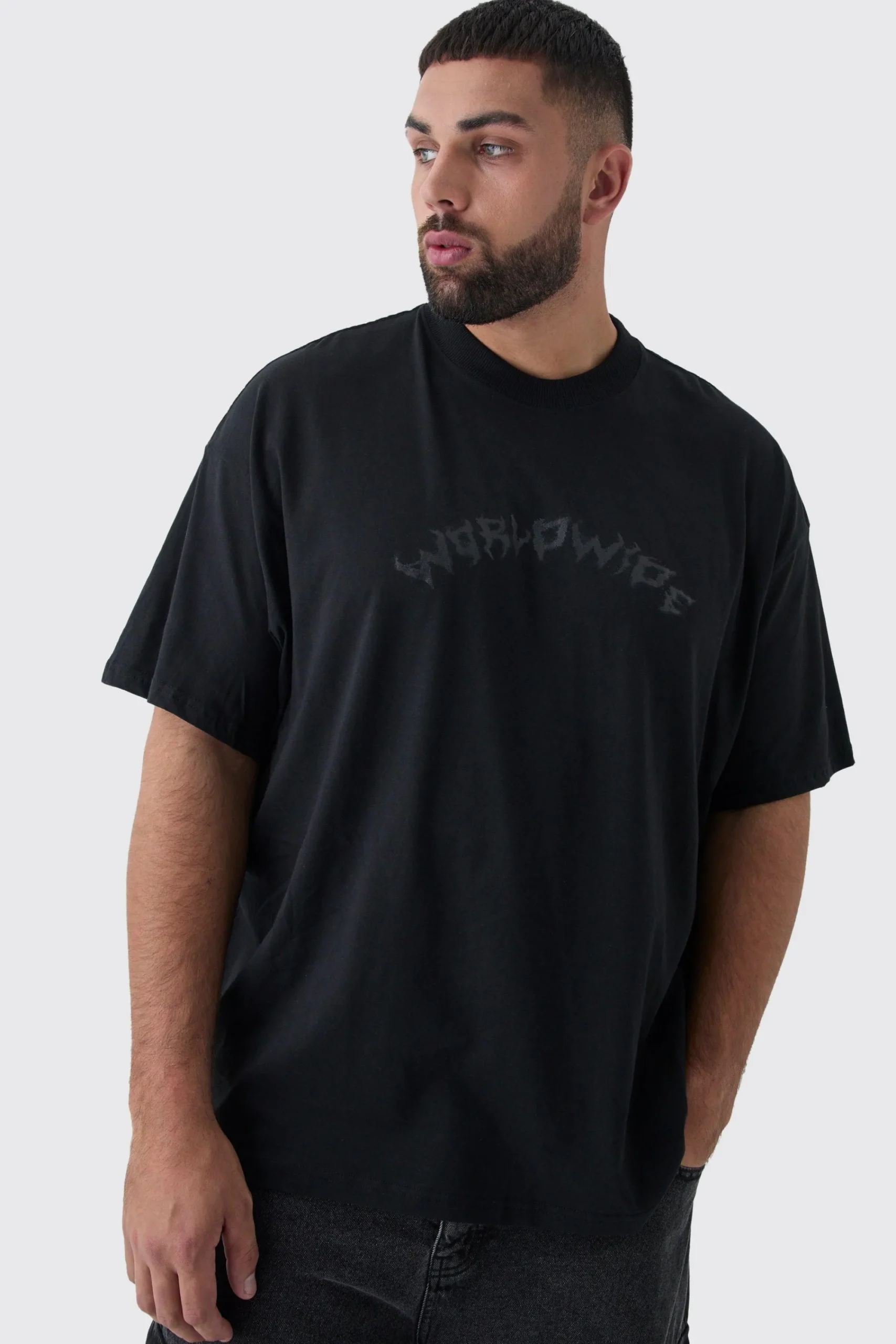 Plus Oversized Extended Neck Worldwide Gothic Cross Print T-Shirt | UK^boohooMAN Online