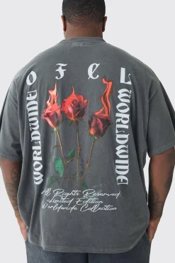 Plus Oversized Extended Neck Flame Rose Print Washed T-shirt | UK^boohooMAN Best