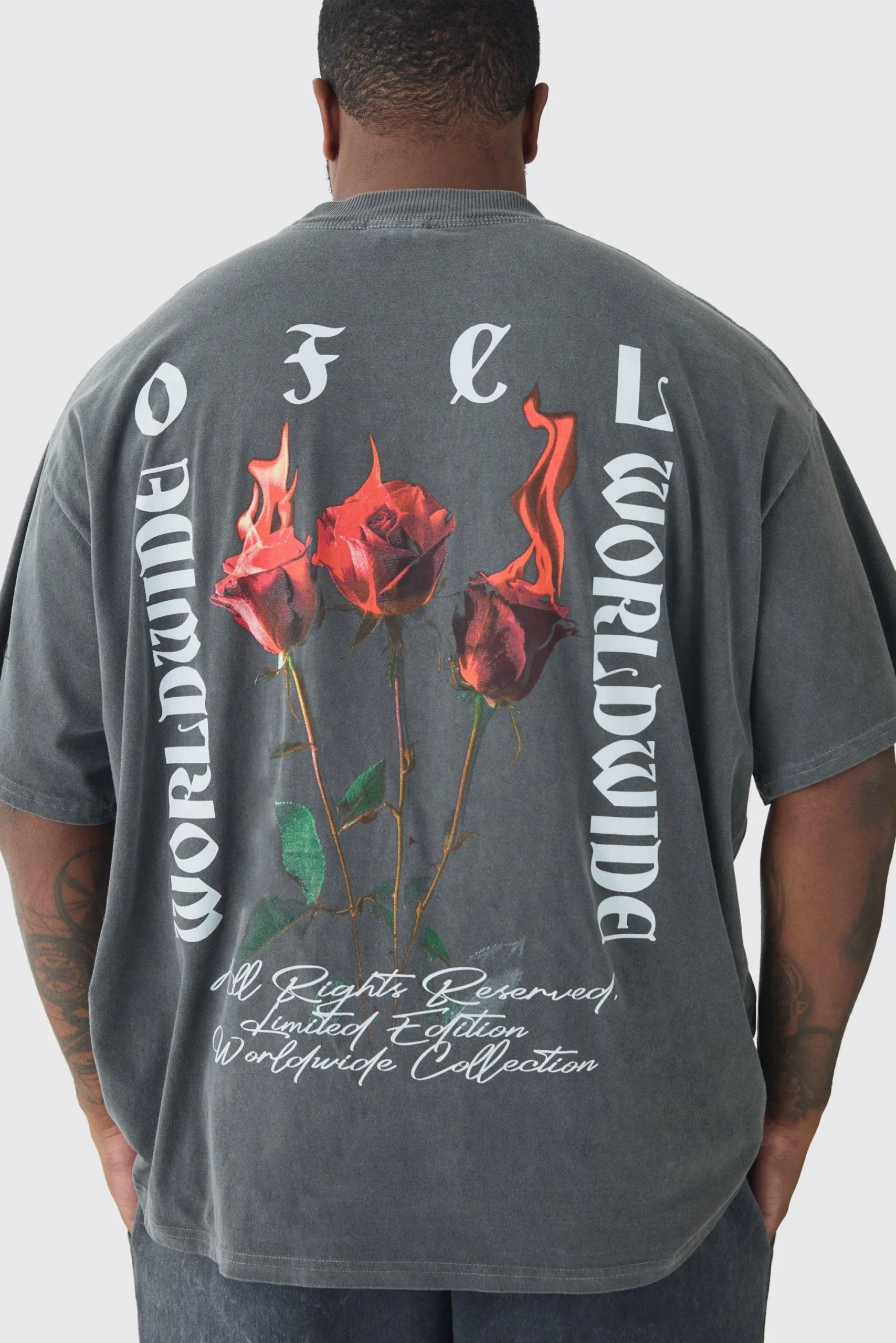 Plus Oversized Extended Neck Flame Rose Print Washed T-shirt | UK^boohooMAN Best