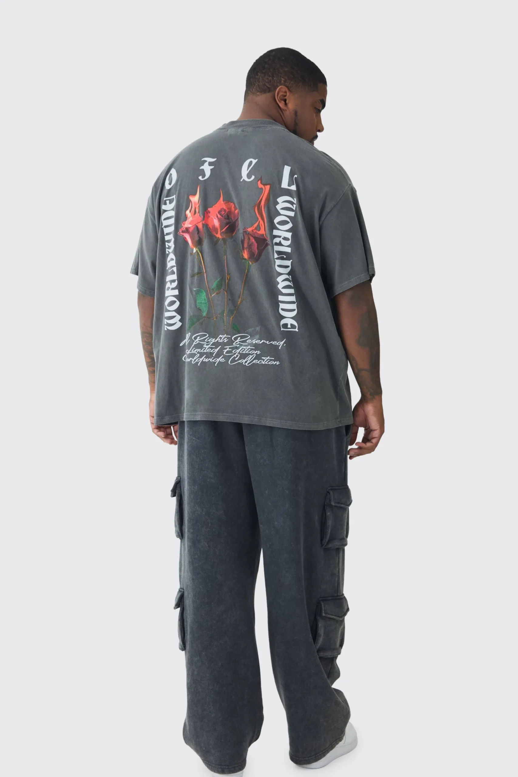 Plus Oversized Extended Neck Flame Rose Print Washed T-shirt | UK^boohooMAN Best