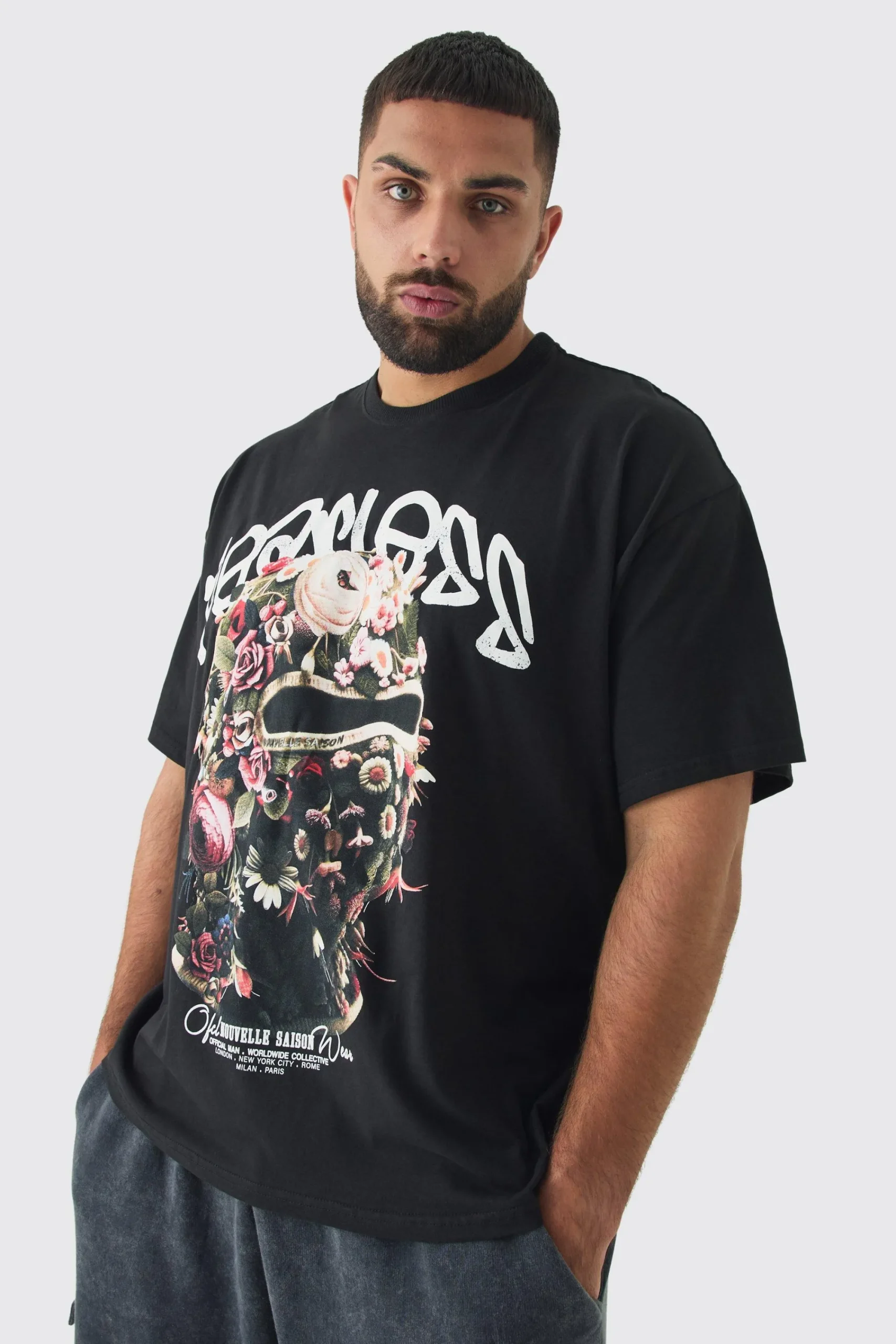 Plus Oversized Fearless Floral Balaclava T-shirt | UK^boohooMAN