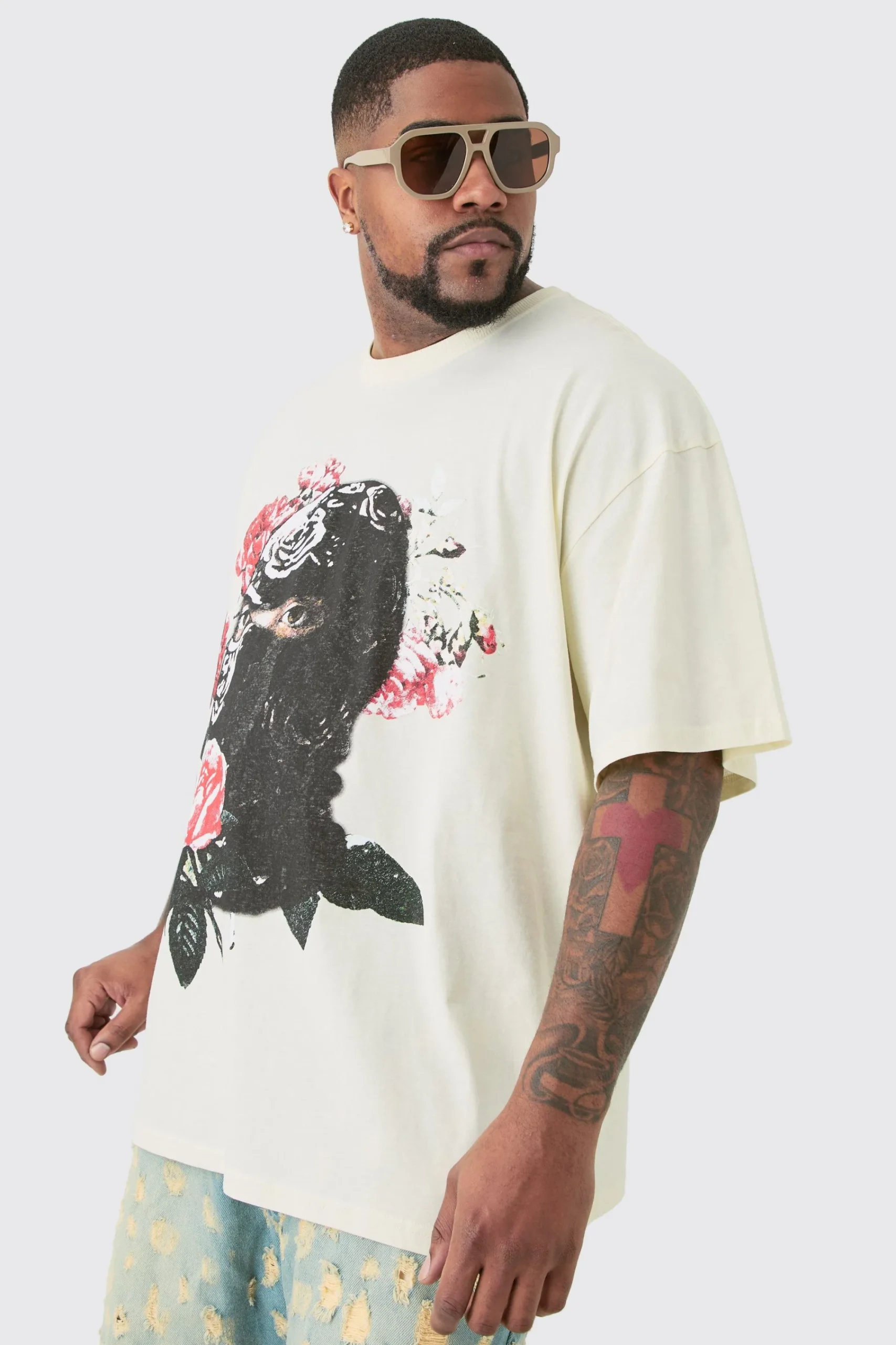 Plus Oversized Floral Balaclava Print T-shirt In | UK^boohooMAN Clearance