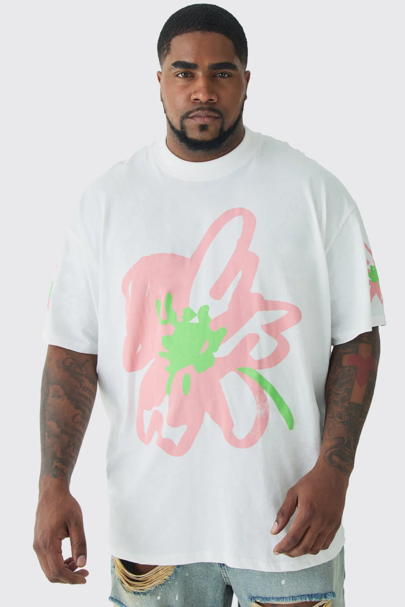Plus Oversized Floral Doodle Print T-shirt | UK^boohooMAN Hot