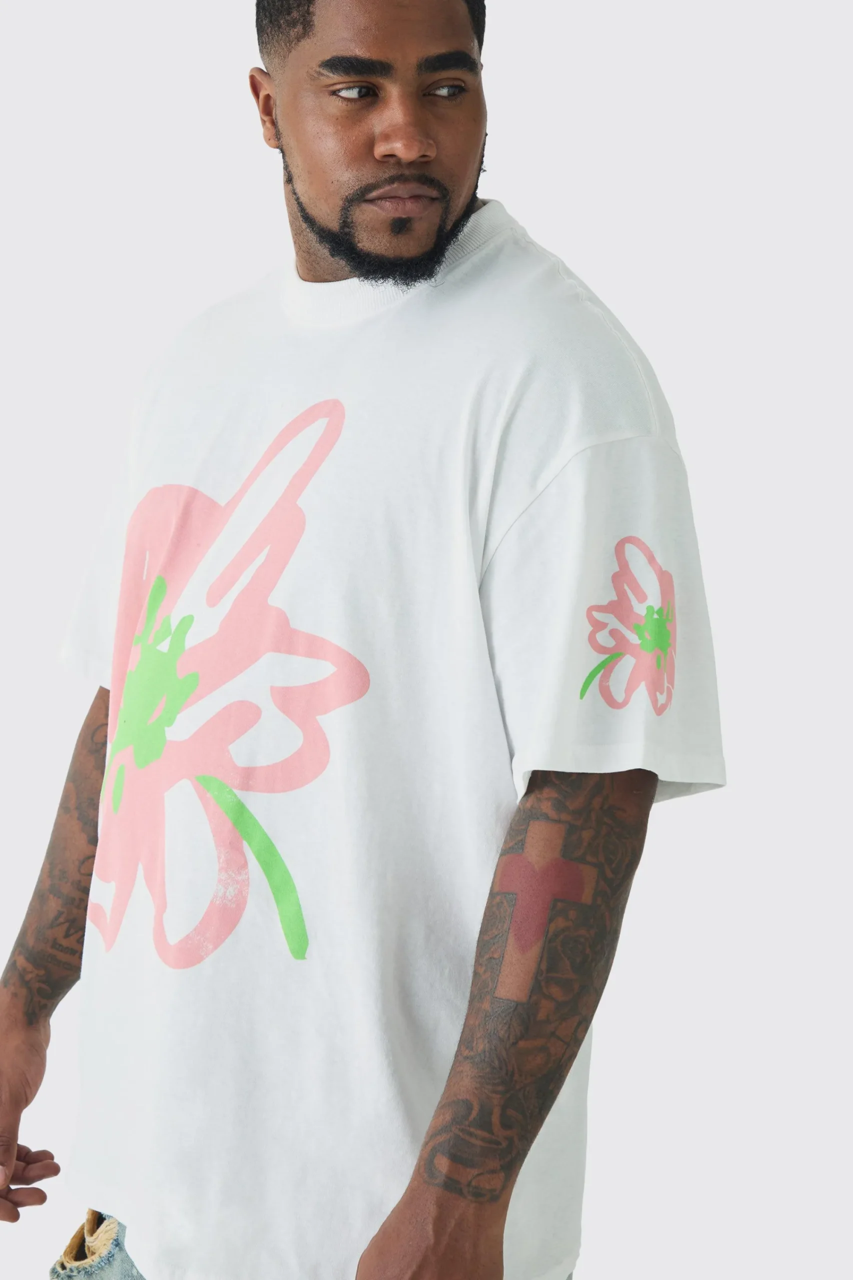 Plus Oversized Floral Doodle Print T-shirt | UK^boohooMAN Hot