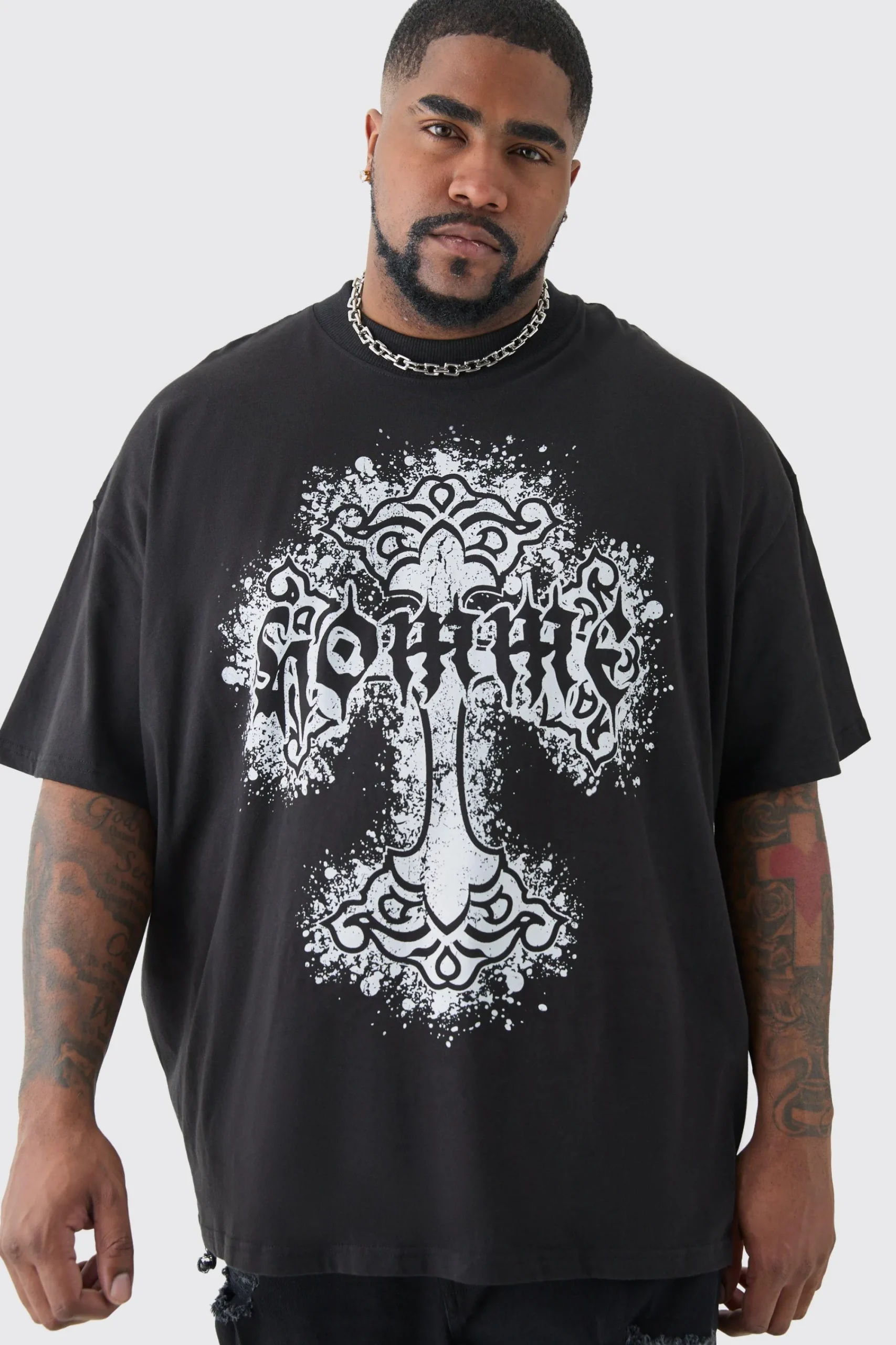 Plus Oversized Homme Cross Front & Back Print T-shirt | UK^boohooMAN Outlet