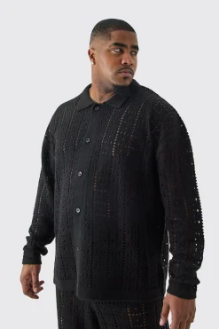 boohooMAN Plus Oversized Long Sleeve Crochet Knit Shirt In | UK| Shirts|Knitwear