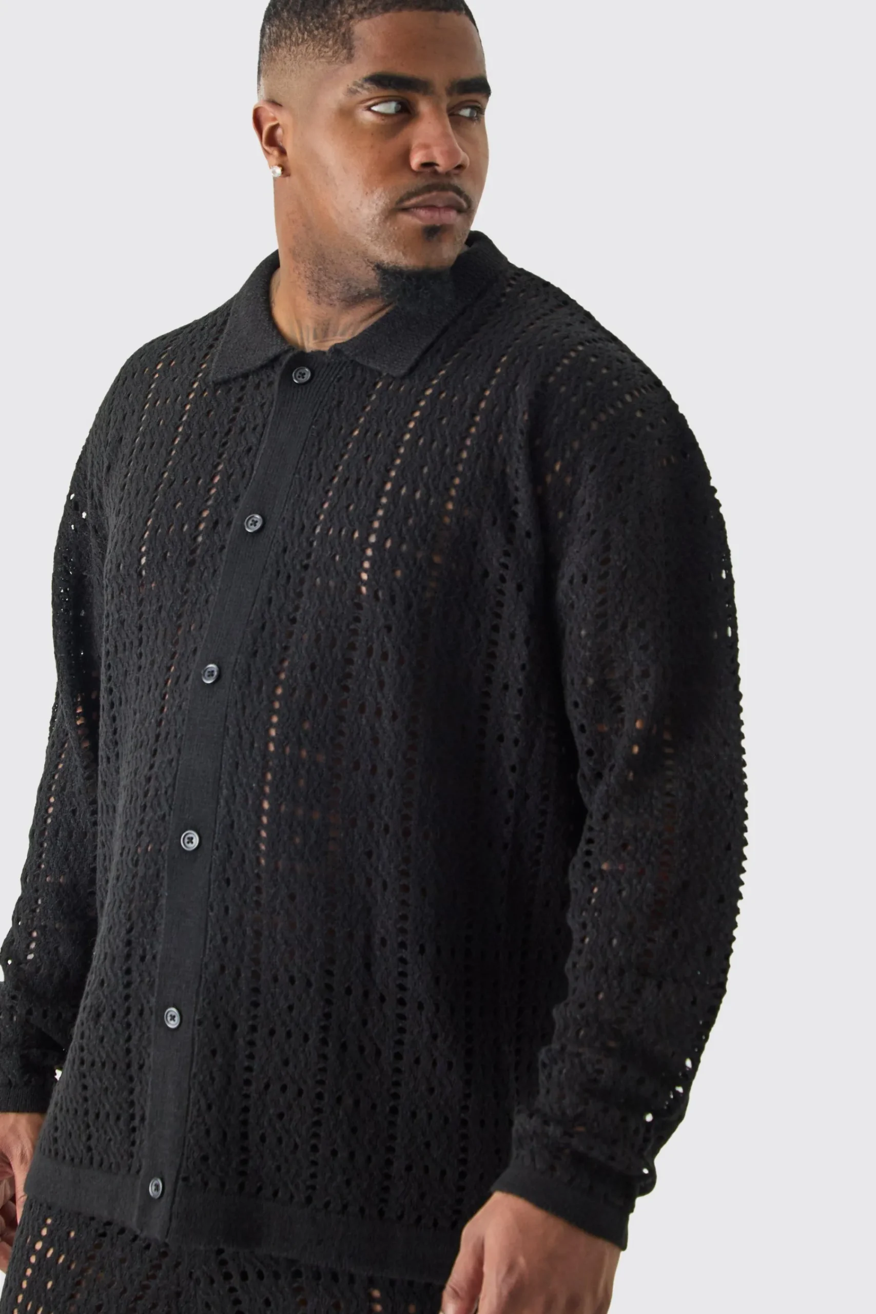 boohooMAN Plus Oversized Long Sleeve Crochet Knit Shirt In | UK| Shirts|Knitwear
