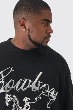 Plus Oversized Metallic Print Cowboy T-Shirt | UK^boohooMAN Sale