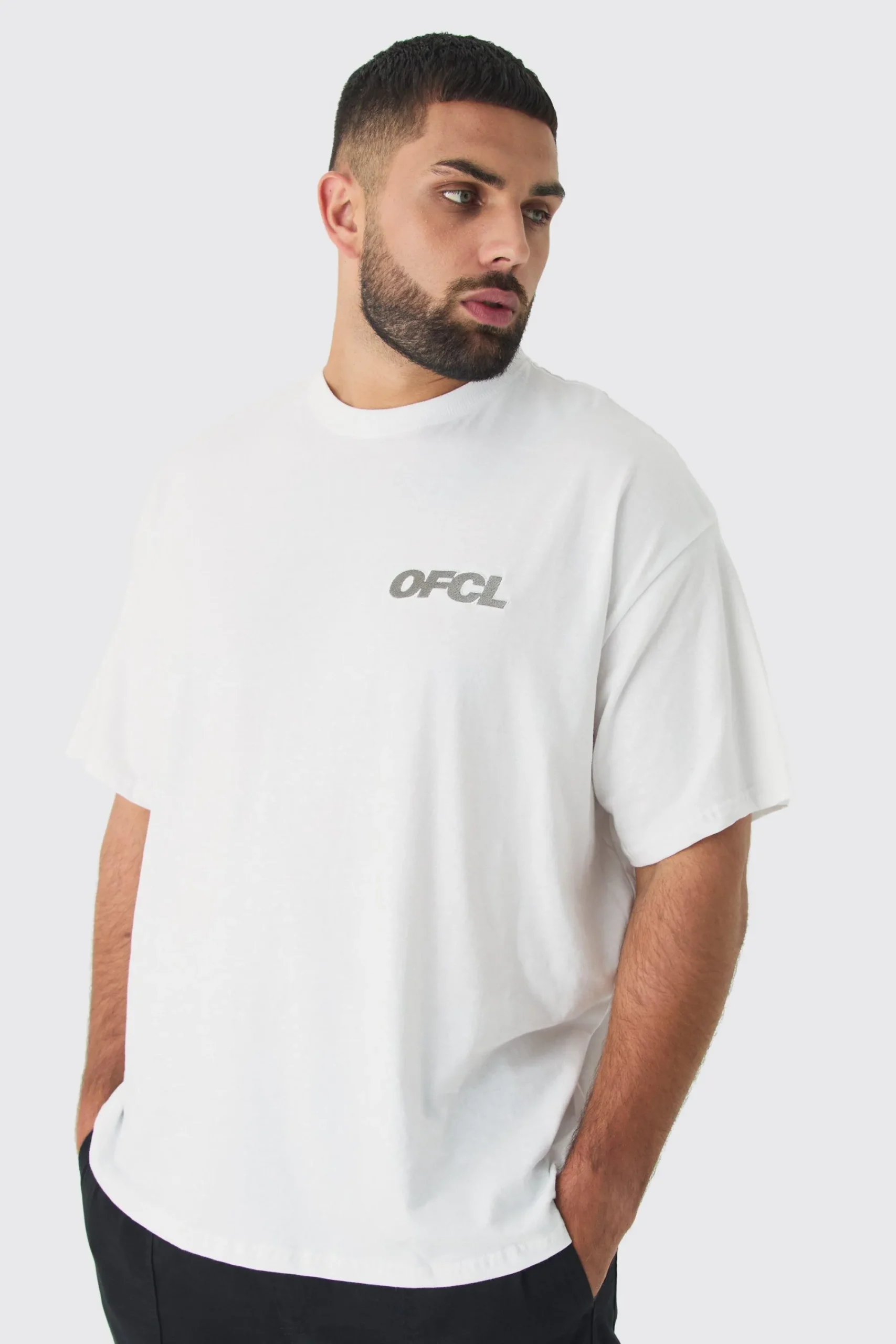 Plus Oversized OFCL Embroidered T-shirt In White | UK^boohooMAN