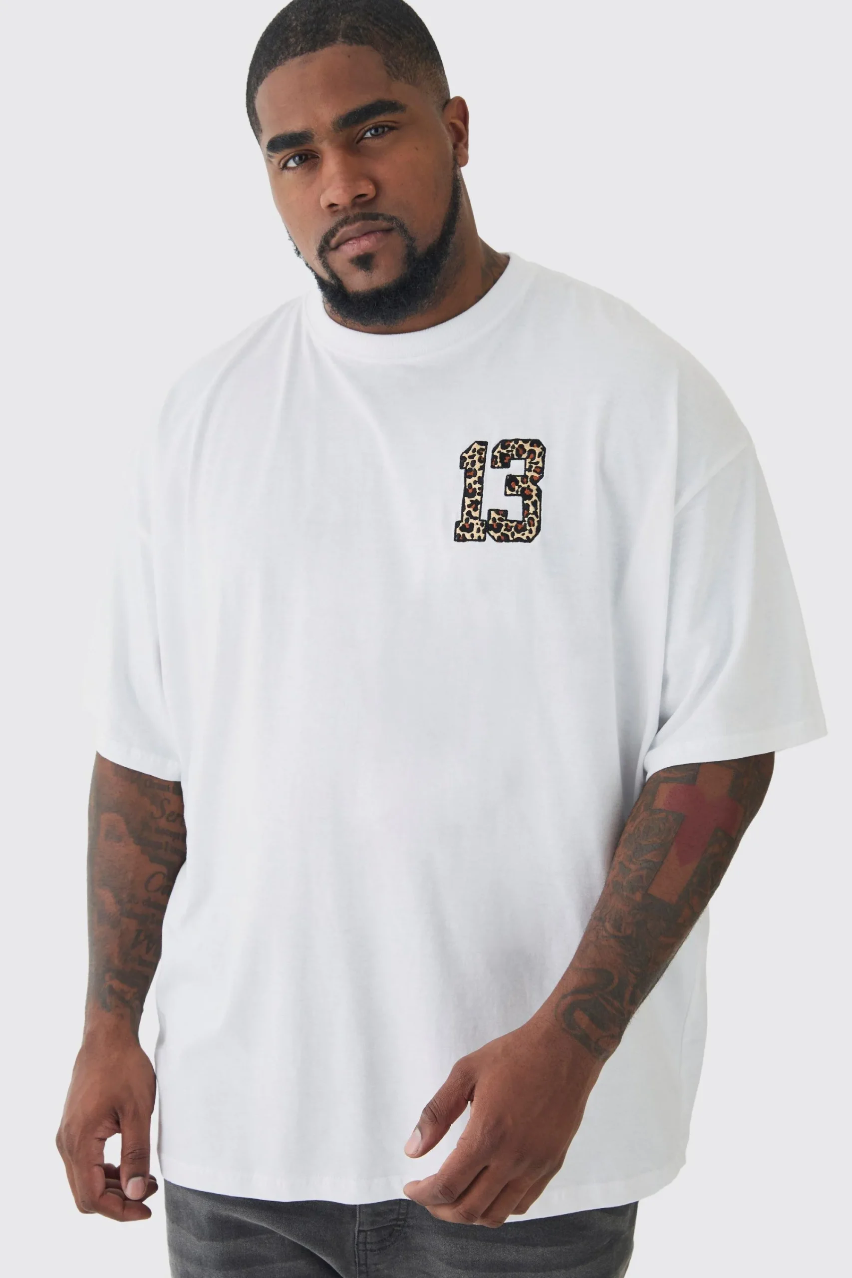 Plus Oversized Plus 13 Leopard Embroidered T-shirt In | UK^boohooMAN Sale