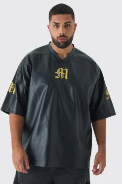 Plus Oversized PU Raglan Embroidered Varsity Shirt | UK^boohooMAN Best