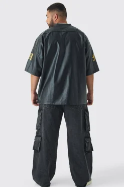 Plus Oversized PU Raglan Embroidered Varsity Shirt | UK^boohooMAN Best