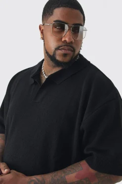boohooMAN Plus Oversized Revere Crochet Polo | UK| Knitwear
