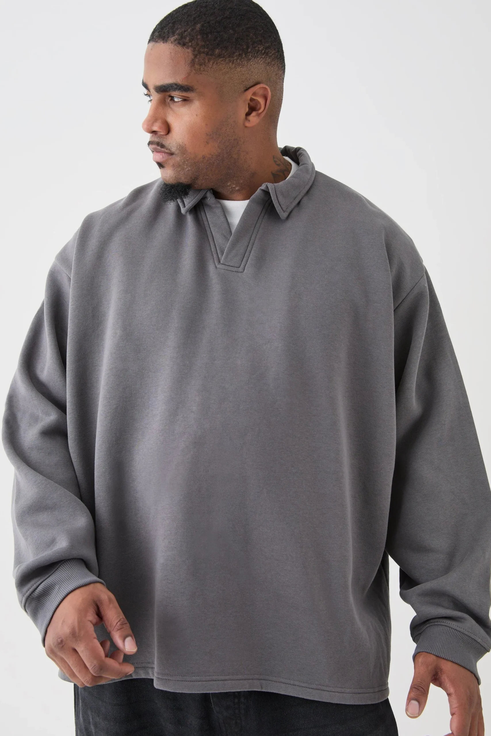 Plus Oversized Revere Rugby Sweatshirt Polo | UK^boohooMAN Clearance