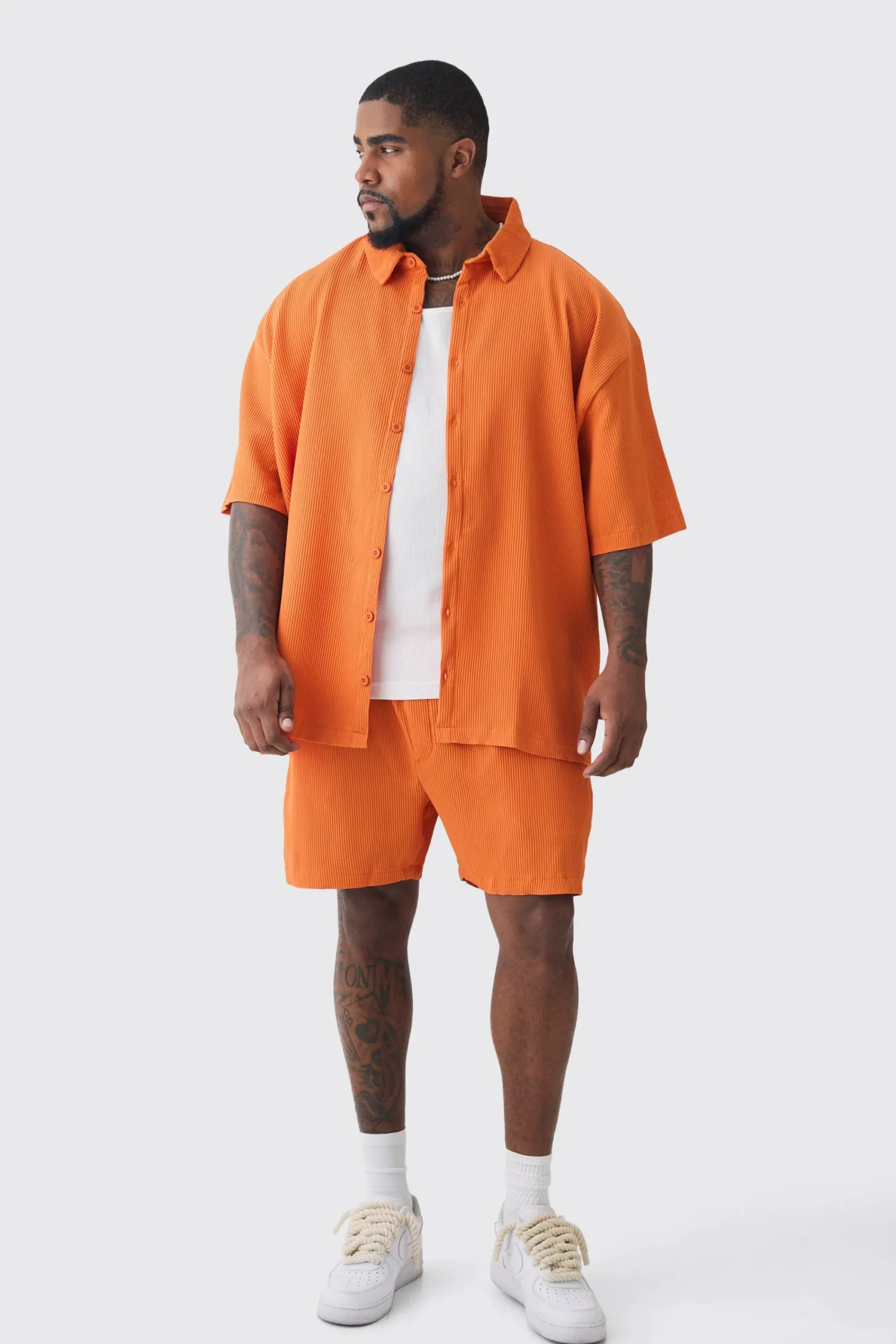 boohooMAN Plus Oversized Short Sleeve Pleated Shirt & Short Set In | UK| Sets & Co-Ords
