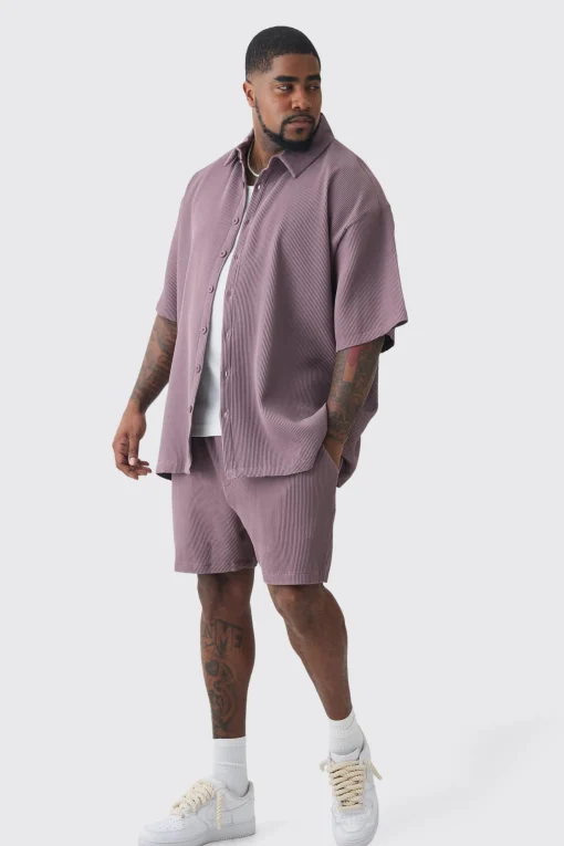 boohooMAN Plus Oversized Short Sleeve Pleated Shirt & Short Set In | UK| Sets & Co-Ords