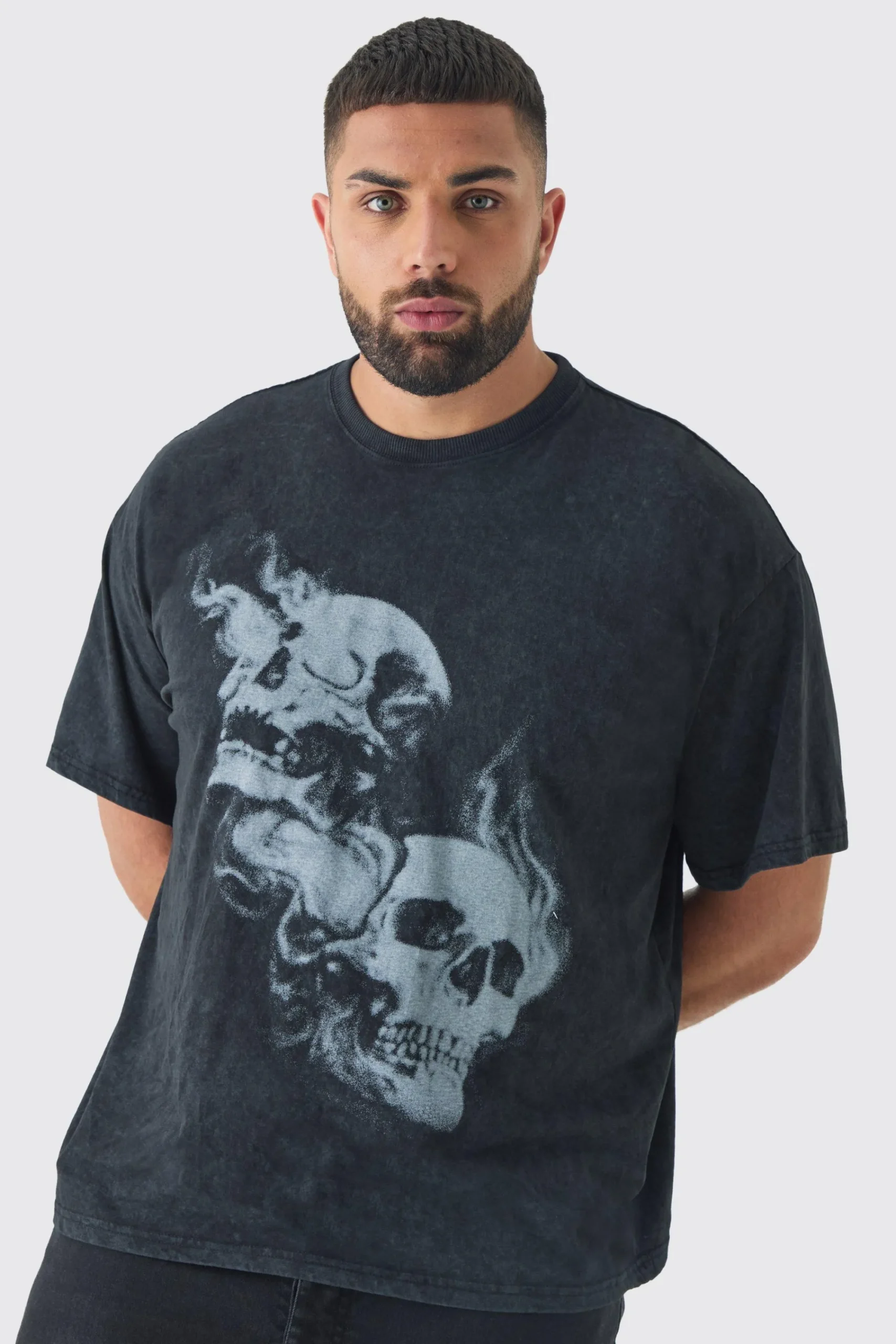 Plus Oversized Skull Acid Wash T-Shirt | UK^boohooMAN Outlet