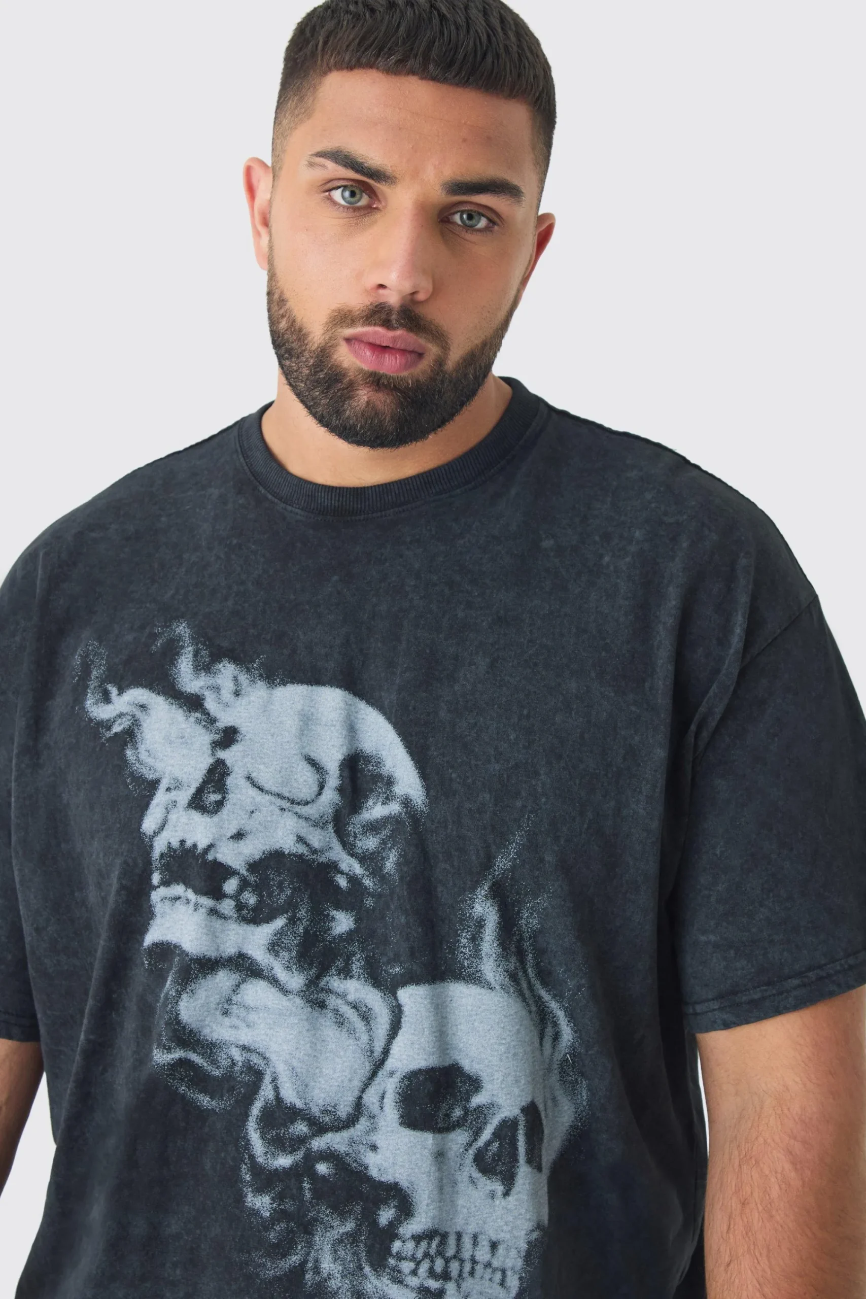 Plus Oversized Skull Acid Wash T-Shirt | UK^boohooMAN Outlet