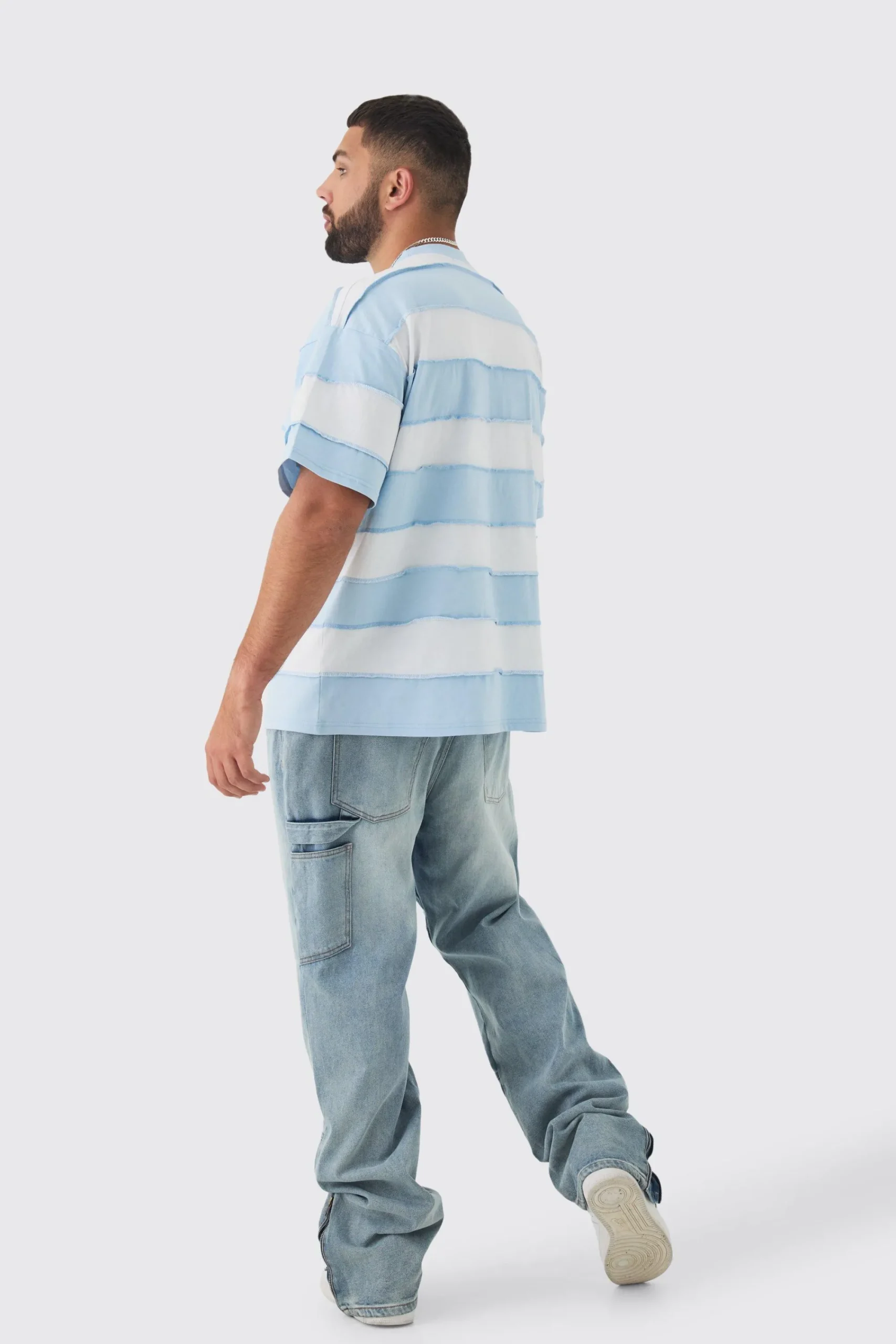 Plus Oversized Stripe Raw Seam T-shirt | UK^boohooMAN Online