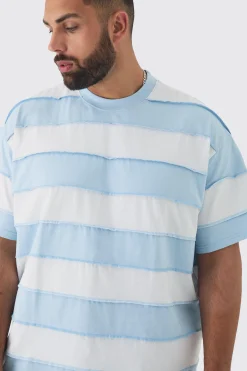 Plus Oversized Stripe Raw Seam T-shirt | UK^boohooMAN Online