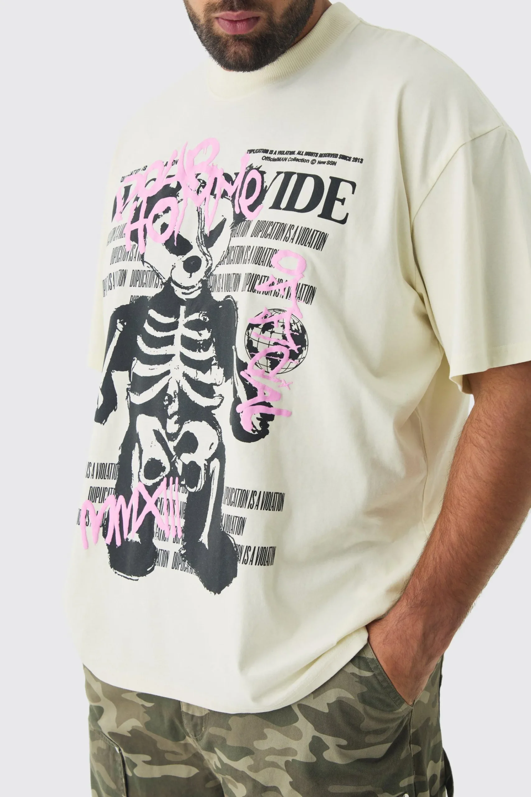 Plus Oversized Teddy Skeleton Graphic Puff Print T-Shirt | UK^boohooMAN New