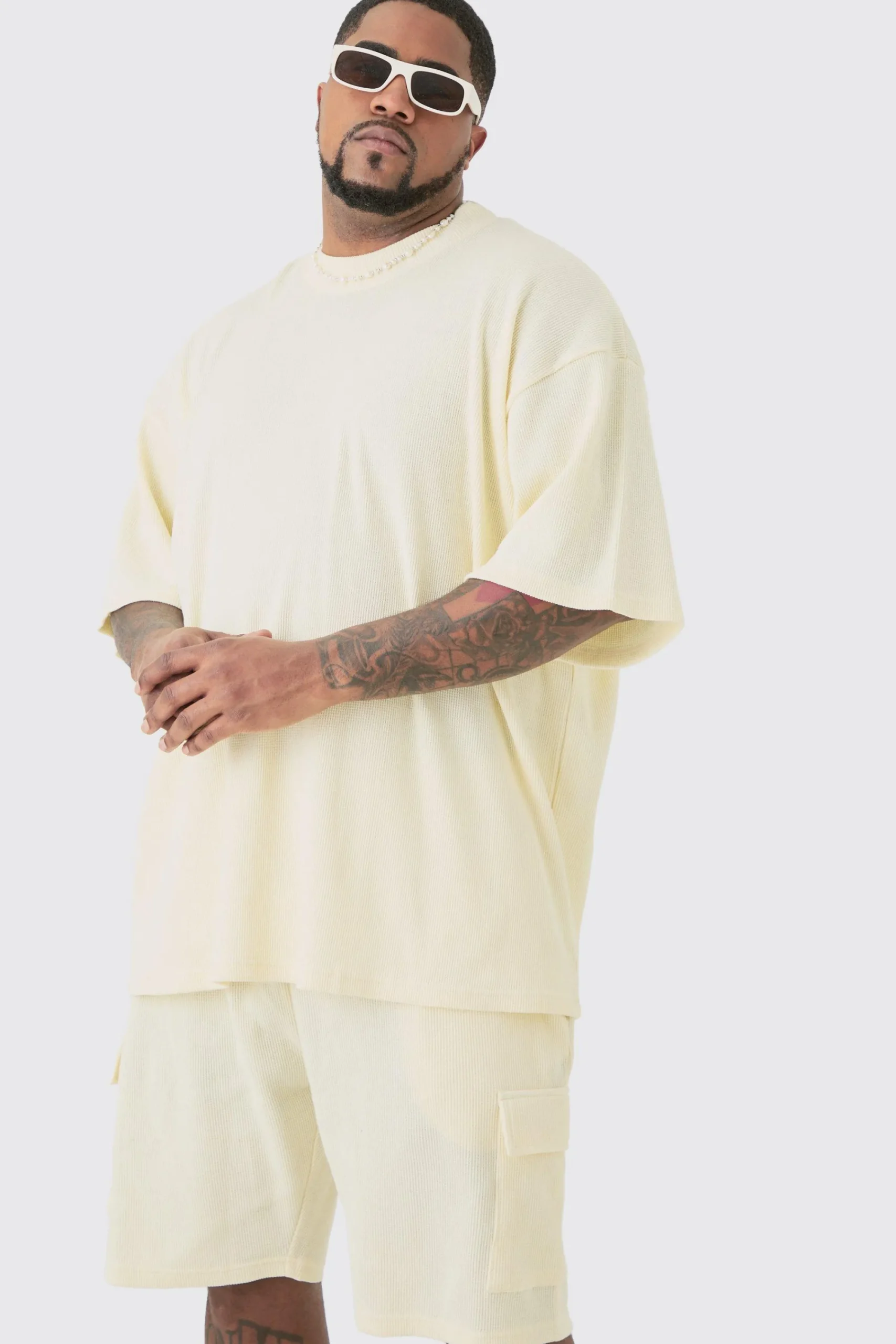 boohooMAN Plus Oversized Waffle T-shirt & Cargo Short Set | UK| Shorts