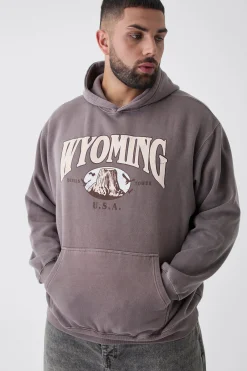 boohooMAN Plus Oversized Washed Wyoming Print Hoodie | UK| Hoodies & Sweatshirts