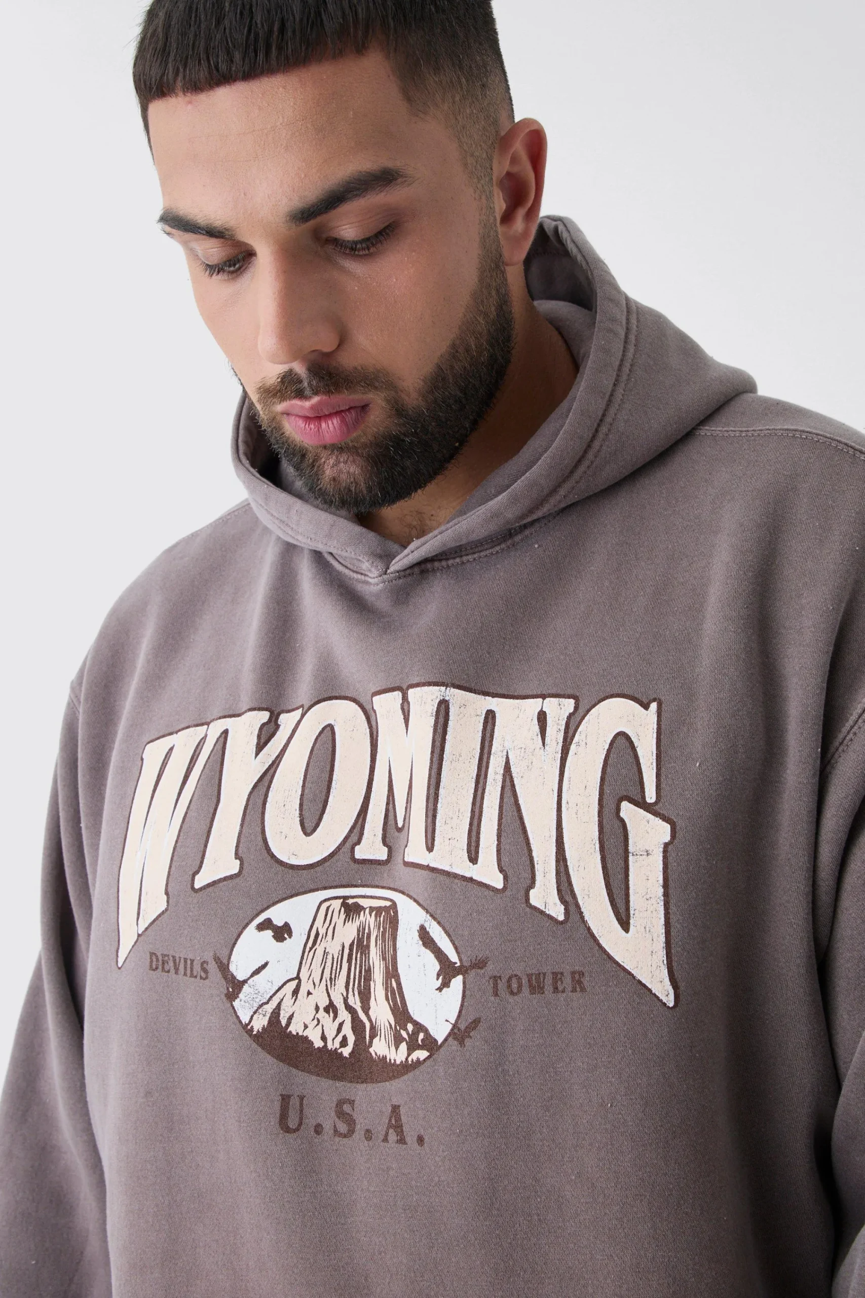 boohooMAN Plus Oversized Washed Wyoming Print Hoodie | UK| Hoodies & Sweatshirts