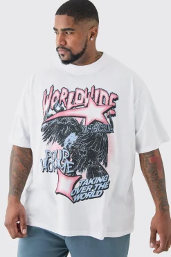 Plus Oversized Worldwide Eagle Print T-shirt In | UK^boohooMAN Outlet