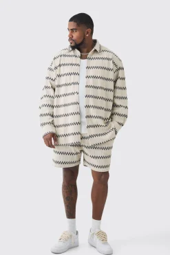 boohooMAN Plus Oversized Zig Zag Woven Shirt And Short Set In | UK| Sets & Co-Ords|Tracksuits