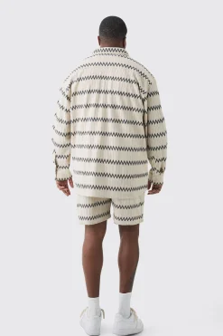 boohooMAN Plus Oversized Zig Zag Woven Shirt And Short Set In | UK| Sets & Co-Ords|Tracksuits