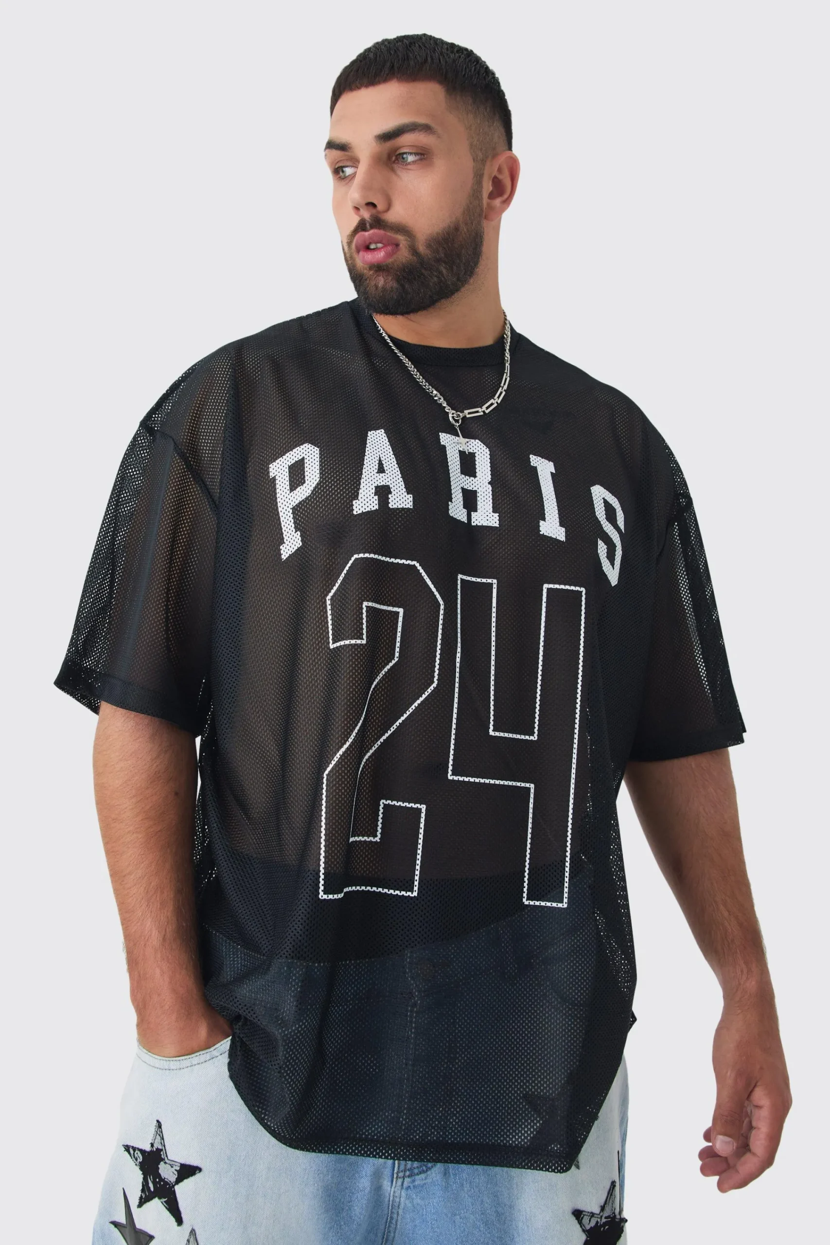 Plus Paris Printed Mesh Basketball T-shirt In | UK^boohooMAN Sale