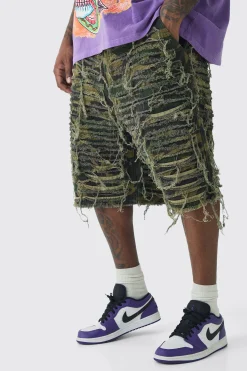 boohooMAN Plus Relaxed Heavily Distressed Camo Jort | UK| Shorts