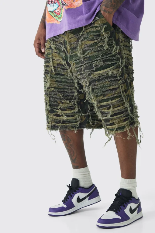 boohooMAN Plus Relaxed Heavily Distressed Camo Jort | UK| Shorts