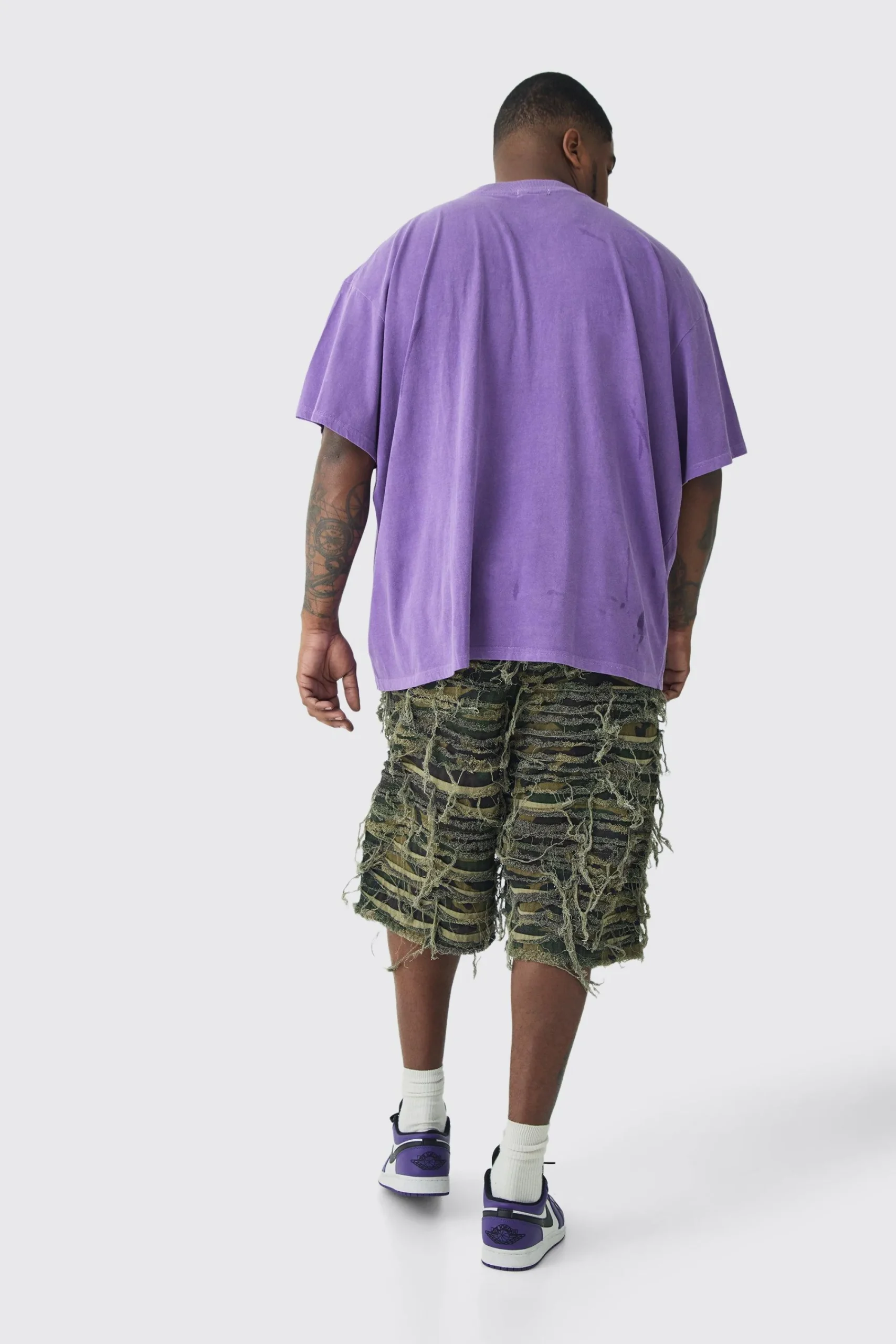 boohooMAN Plus Relaxed Heavily Distressed Camo Jort | UK| Shorts