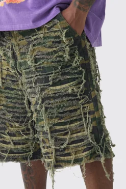 boohooMAN Plus Relaxed Heavily Distressed Camo Jort | UK| Shorts