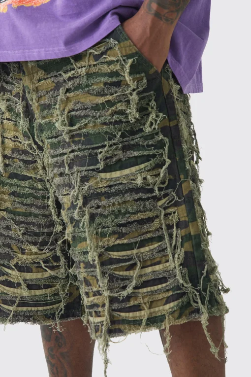 boohooMAN Plus Relaxed Heavily Distressed Camo Jort | UK| Shorts